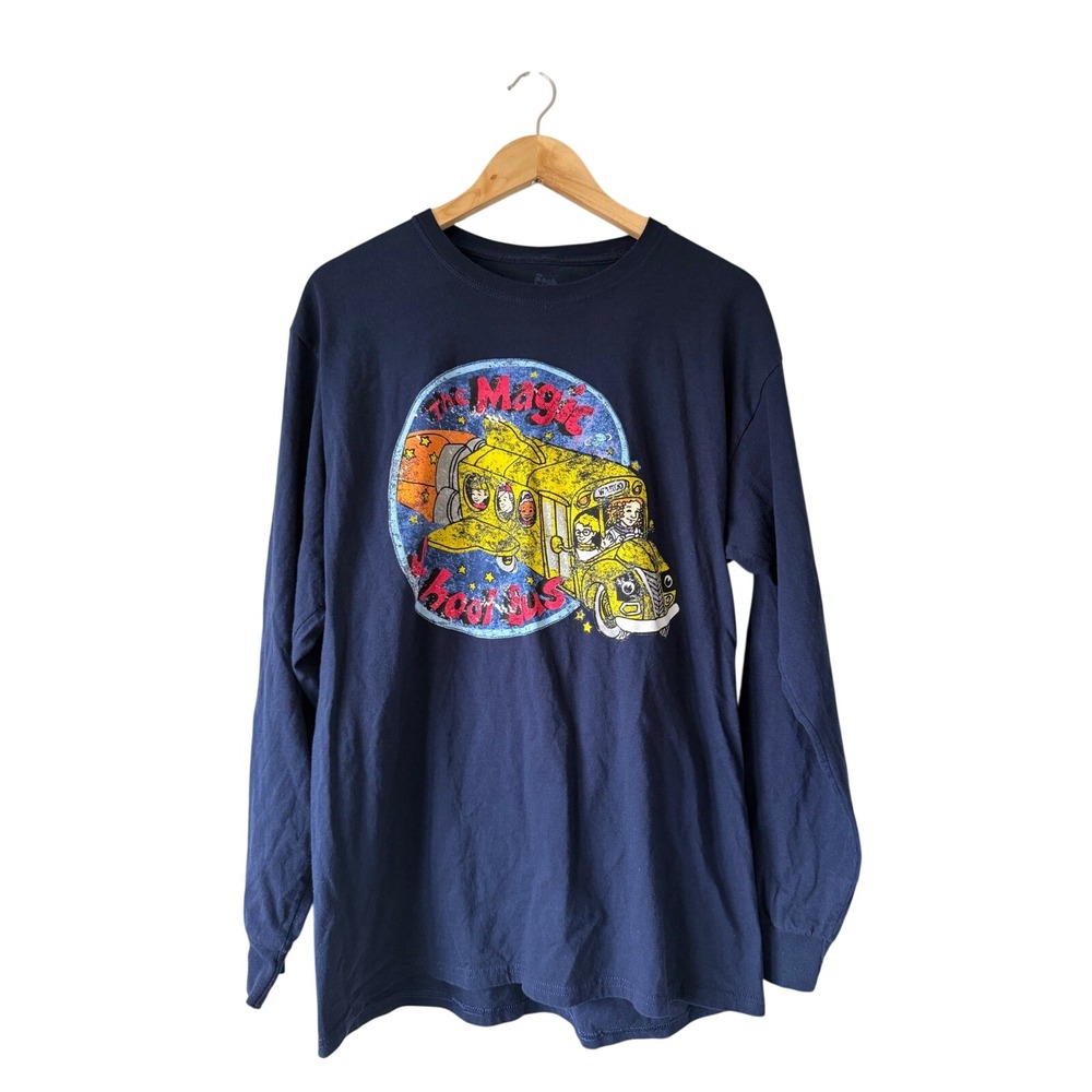 Vintage Magic School Bus Navy Blue Long Sleeve Graphic Tee Shirt Mens Large L